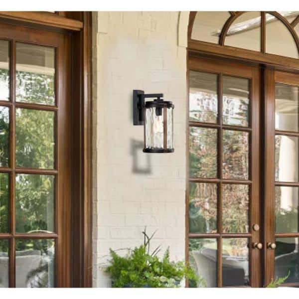 1-Light Black and Wood Hardwired Outdoor Wall Lantern Sconce with Water Glass