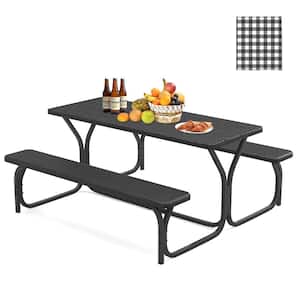 71 in. Black Rectangle High Density Polyethylene Outdoor Picnic Table Seats 6-8 People with Umbrella Hole