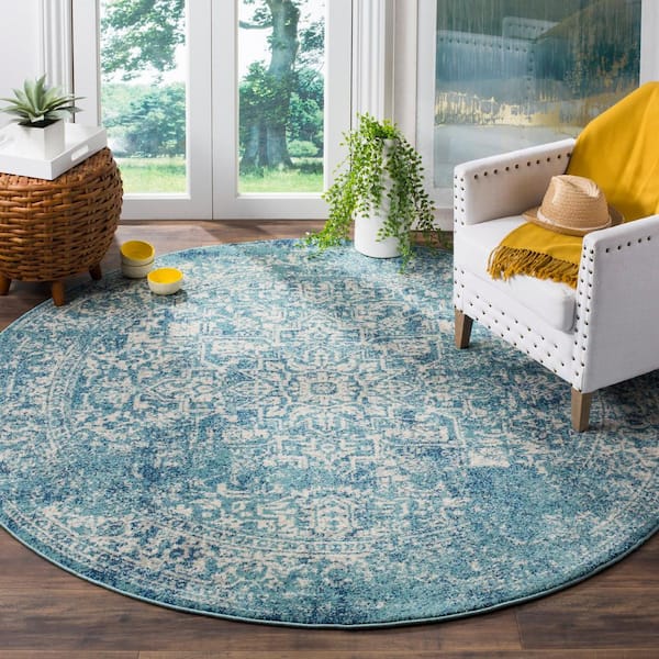 Evoke Blue/Ivory 9 ft. x 9 ft. Round Border Area Rug