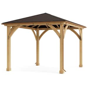 Meridian 10 ft. x 12 ft. Outdoor Patio Shade Gazebo with Coffee Brown Aluminum Roof and Rain Gutter Kit Bundle Included