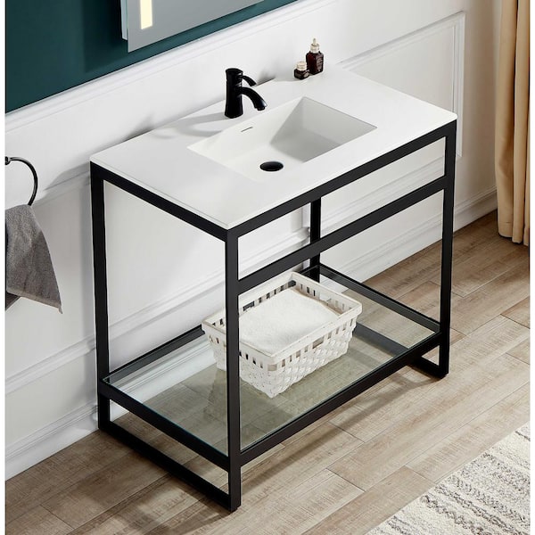 Verona 34.5 in. Console Sink in Matte Black with Carrara White Countertop