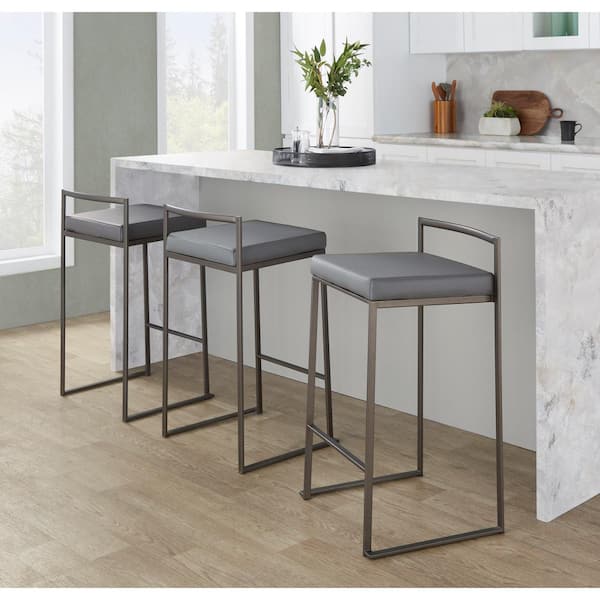 Lumisource Fuji 27.75 in. Grey Faux Leather and Antique Metal Stackable Counter Stool (Set of 3)