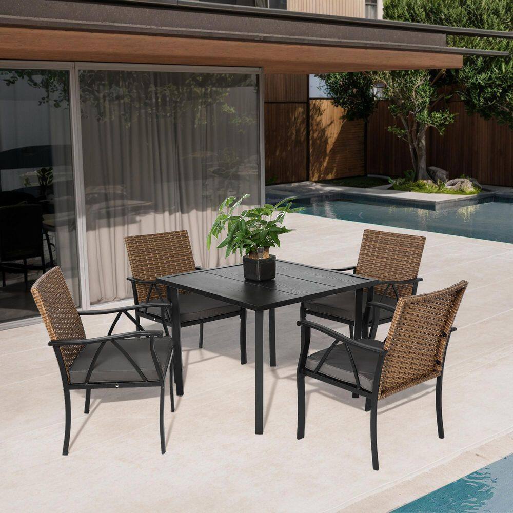 5-Piece Wicker Outdoor Dining Set with Gray Cushions Square steel Tabletop and Umbrella Hole price history on PriceWatchPro