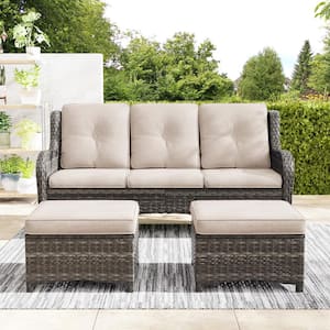 Wicker Outdoor Patio Sofa Sectional Set with Beige Cushions and Ottoman