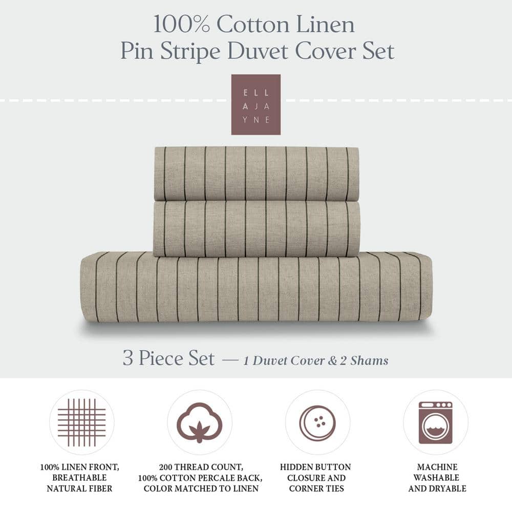 Natural Black Pinstripe Cotton Linen Full/Queen Duvet Cover Set
