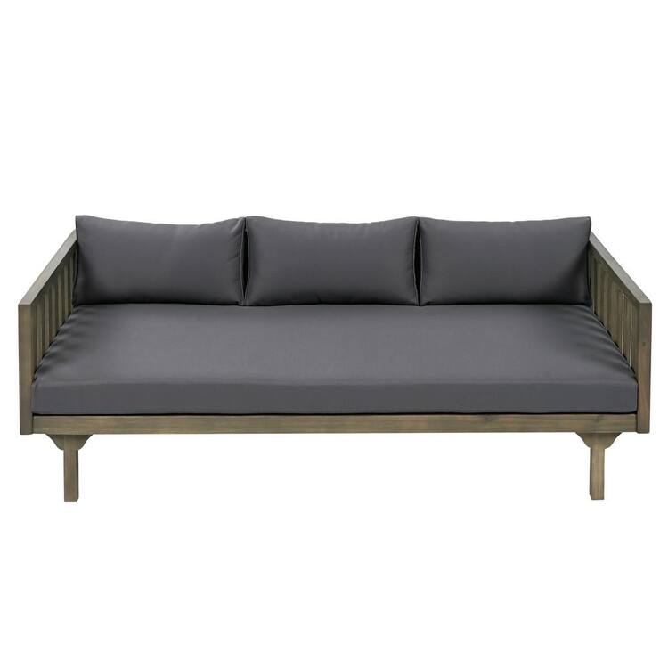 Wood Outdoor 3-Seater Grey Wood Day Bed, Chaise Lounge with Cushion Guard and Wood Arms, Grey Cushion