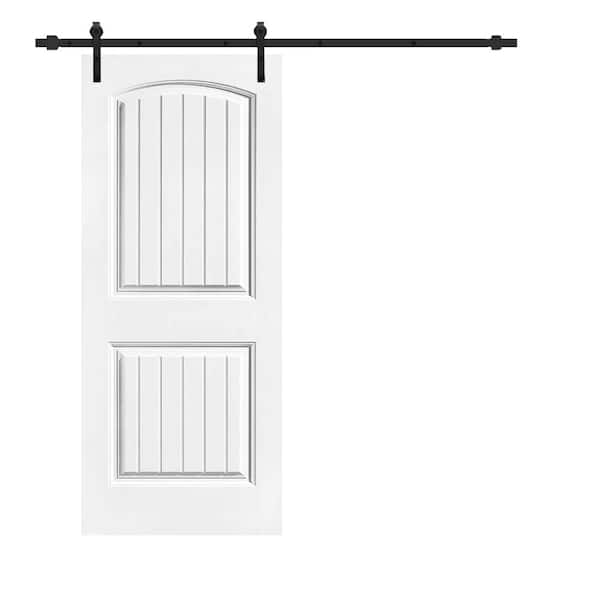 CALHOME Elegant 30 in. x 80 in. White Primed Composite MDF 2 Panel Camber Top Sliding Barn Door with Hardware Kit