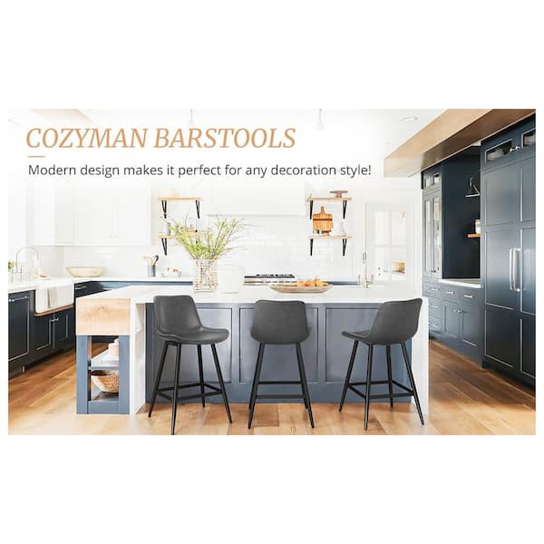 Abraham 24 in. Dark Gray Metal Counter Height Bar Stool Faux Leather Bucket Bar stool with Back Counter Stool Set of 3