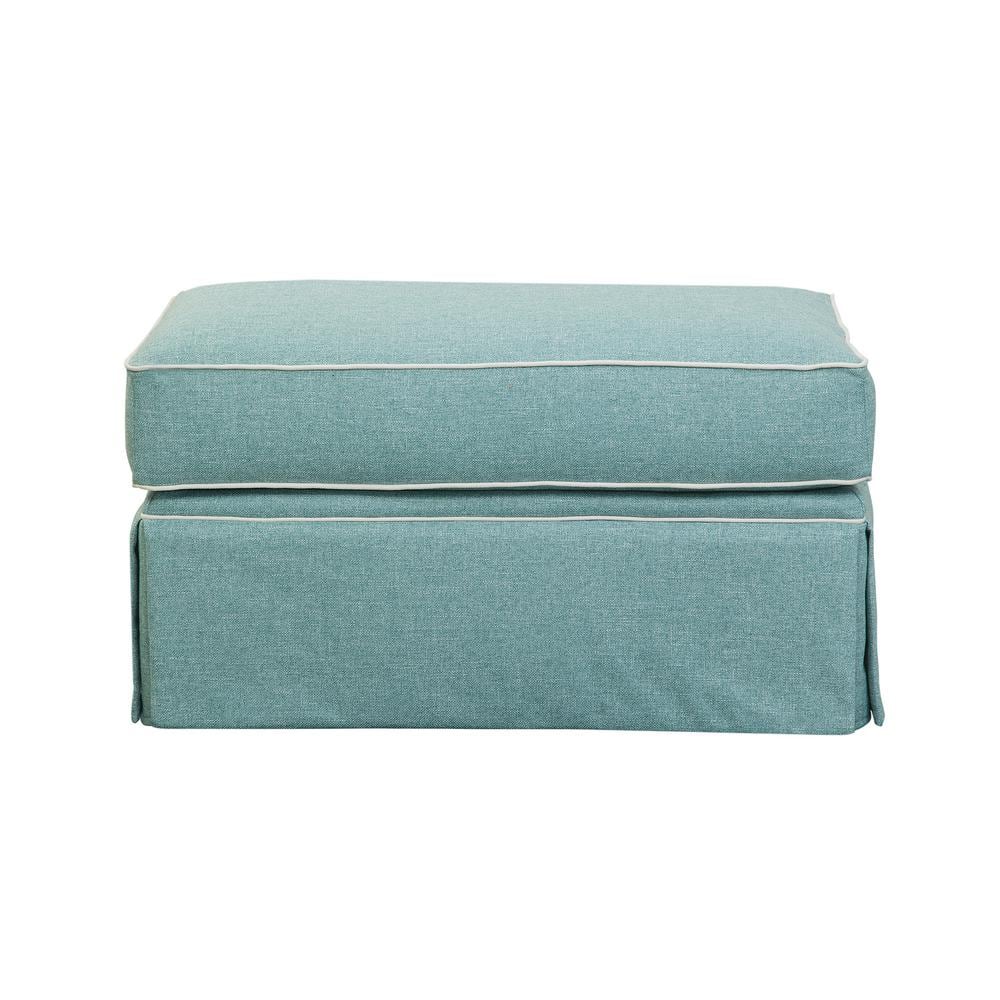 Aqua and Ivory Upholstered Coastal Ottoman with Skirt