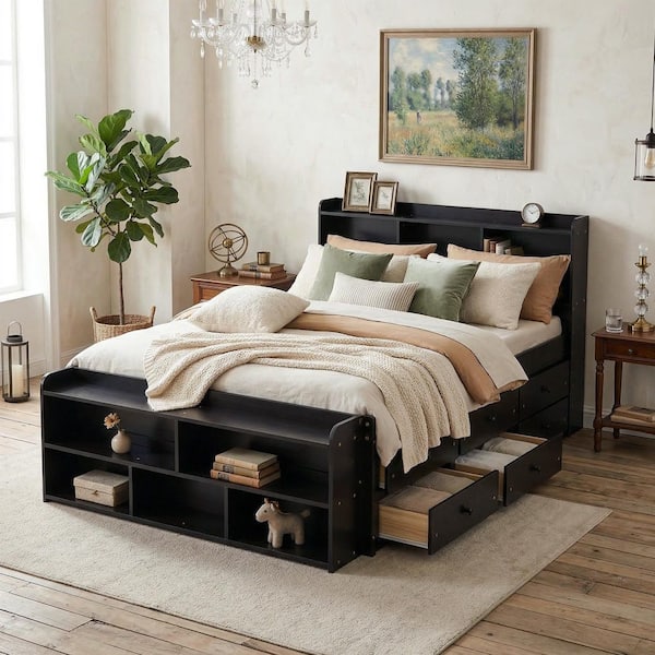 Captain's Bed Black Wood Frame Full Platform Bed with Storage, Bookcase Headboard, 6 Drawers & Footboard Shelves