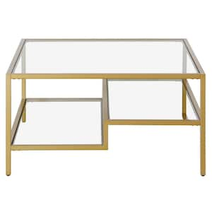 32 in. Gold Square Glass Coffee Table with Shelves;Storage