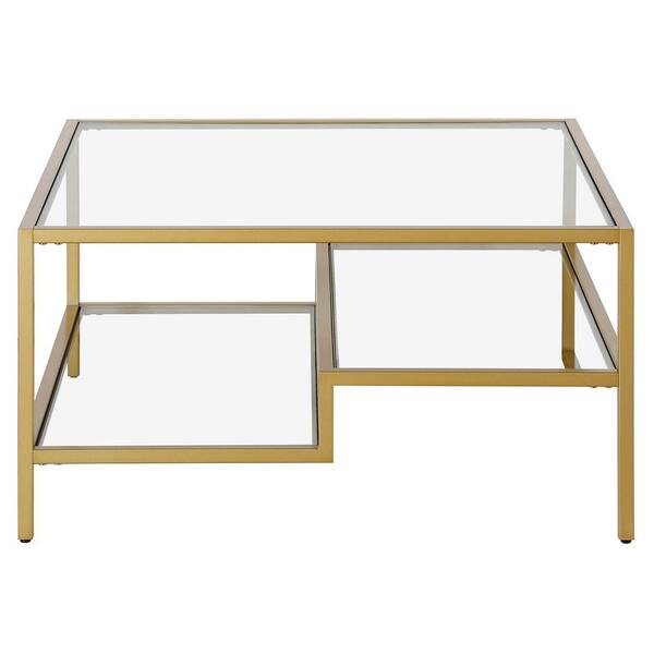HomeRoots 32 in. Gold Square Glass Coffee Table with Shelves;Storage