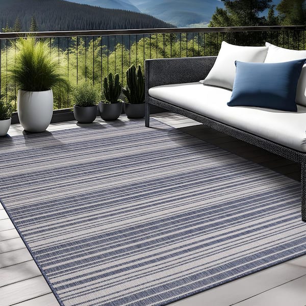 Blue 10 ft. x 14 ft. Striped Washable Modern Indoor Outdoor Area Rug