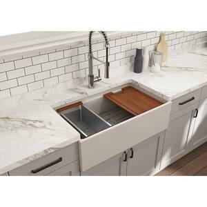 Step-Rim Biscuit Fireclay 33 in. Single Bowl Farmhouse Apron Front Workstation Kitchen Sink with Accessories