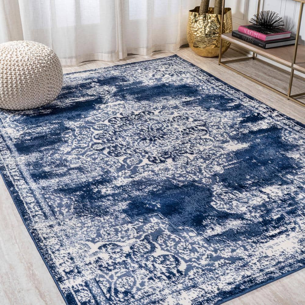 Navy and Ivory Synthetic Medallion 4' x 6' Area Rug