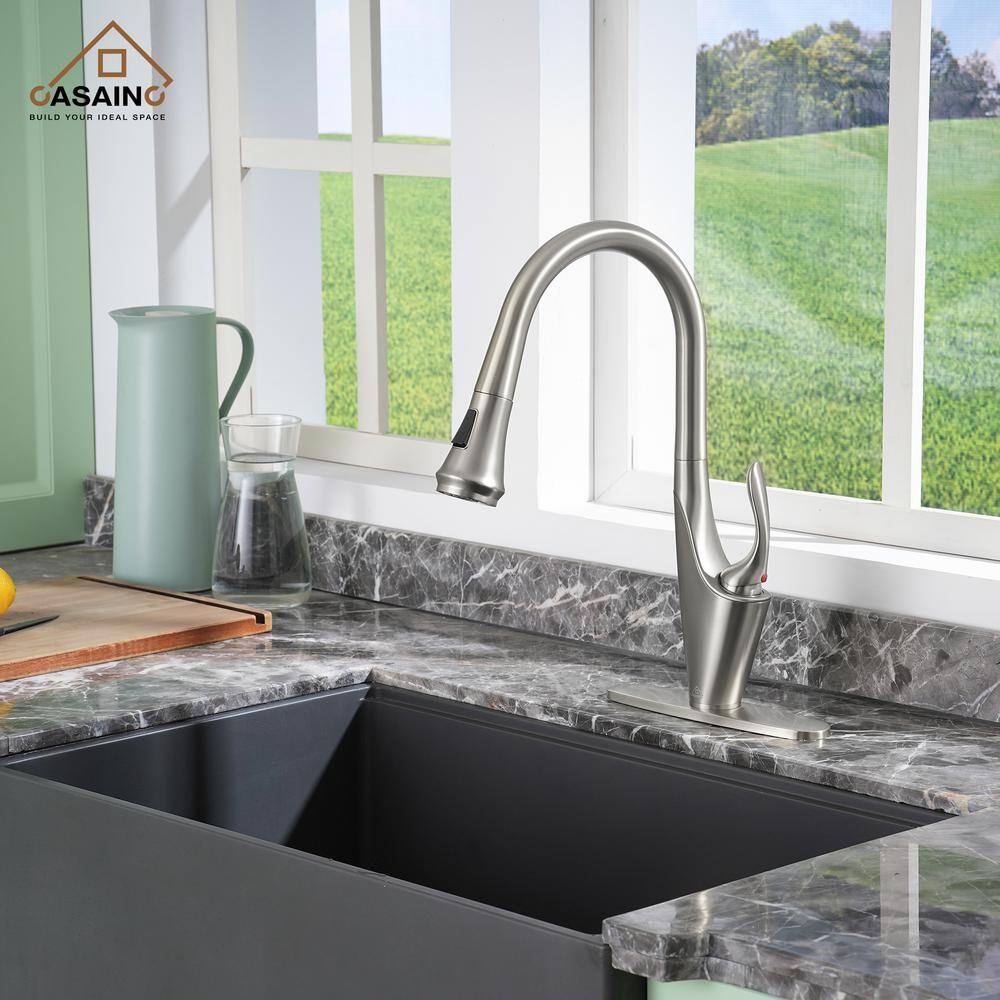 Brushed Nickel Pull-Down Kitchen Faucet with Deck Plate