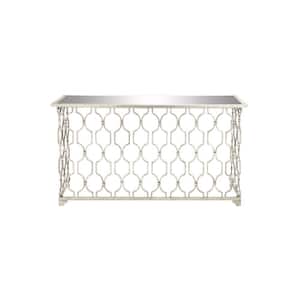 55 in. Silver Extra Large Rectangle Metal Geometric Console Table with Mirrored Glass Top