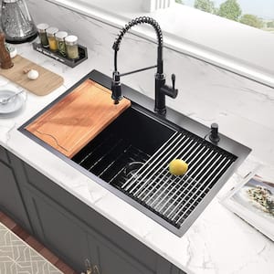 33 in. Drop in Single Bowl R10 Radius Matte Black Stainless Steel Kitchen Sink with Integrated Ledge and Accessories
