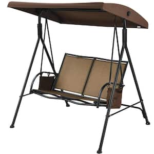 2-Person Brown Metal Patio Swing with Adjustable Canopy and 2 Storage Pockets