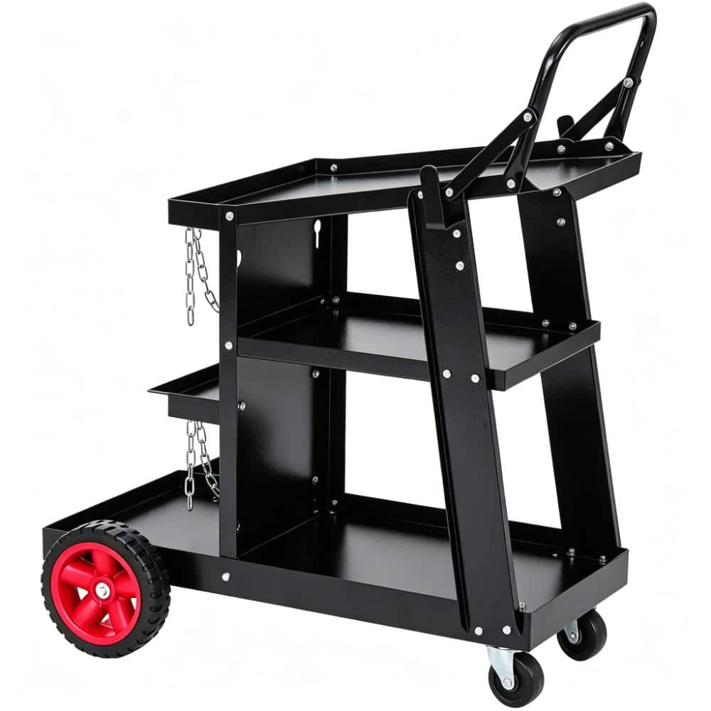 Black 3-Tier Welding Cart Heavy Duty 400 LBS Capacity Welder Cart Rolling Metal Utility Cart with Red Swivel Wheels