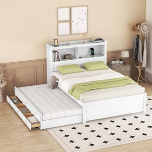 White Wood Frame Full Size Platform Bed with Twin Size Trundle, 3-Drawer, USB Charging Station and Storage Headboard