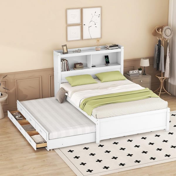 Harper & Bright Designs White Wood Frame Full Size Platform Bed with ...