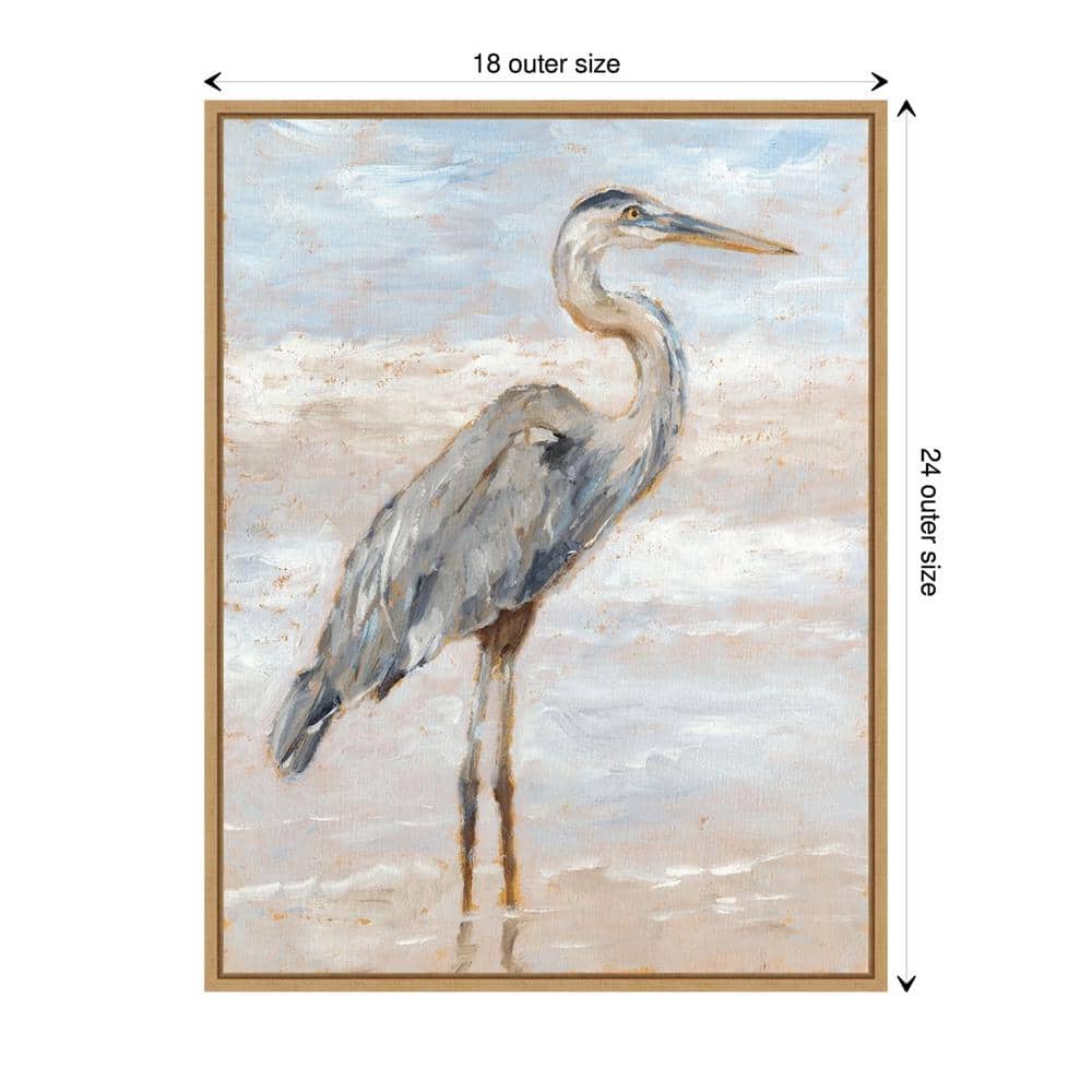 Beach Heron I Blue and Gray Canvas Print with Maple Frame