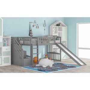 Gray Stairway Twin Size Loft Bed with 2-Drawers and Slide