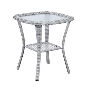 Light Grey Square Wicker Outdoor Side Table with Glass Top