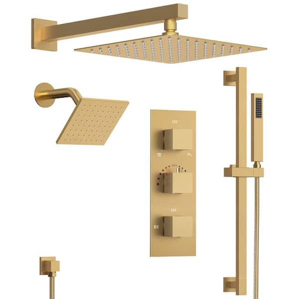 ZenithRain Wall Mount Triple Handle 5-Spray 12 in. and 6 in. Shower Faucet 2.5 GPM with High Pressure in Brushed Gold