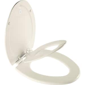 NextStep2 Children's Potty Training Elongated Enameled Wood Closed Front Toilet Seat in Biscuit with Plastic Child Seat