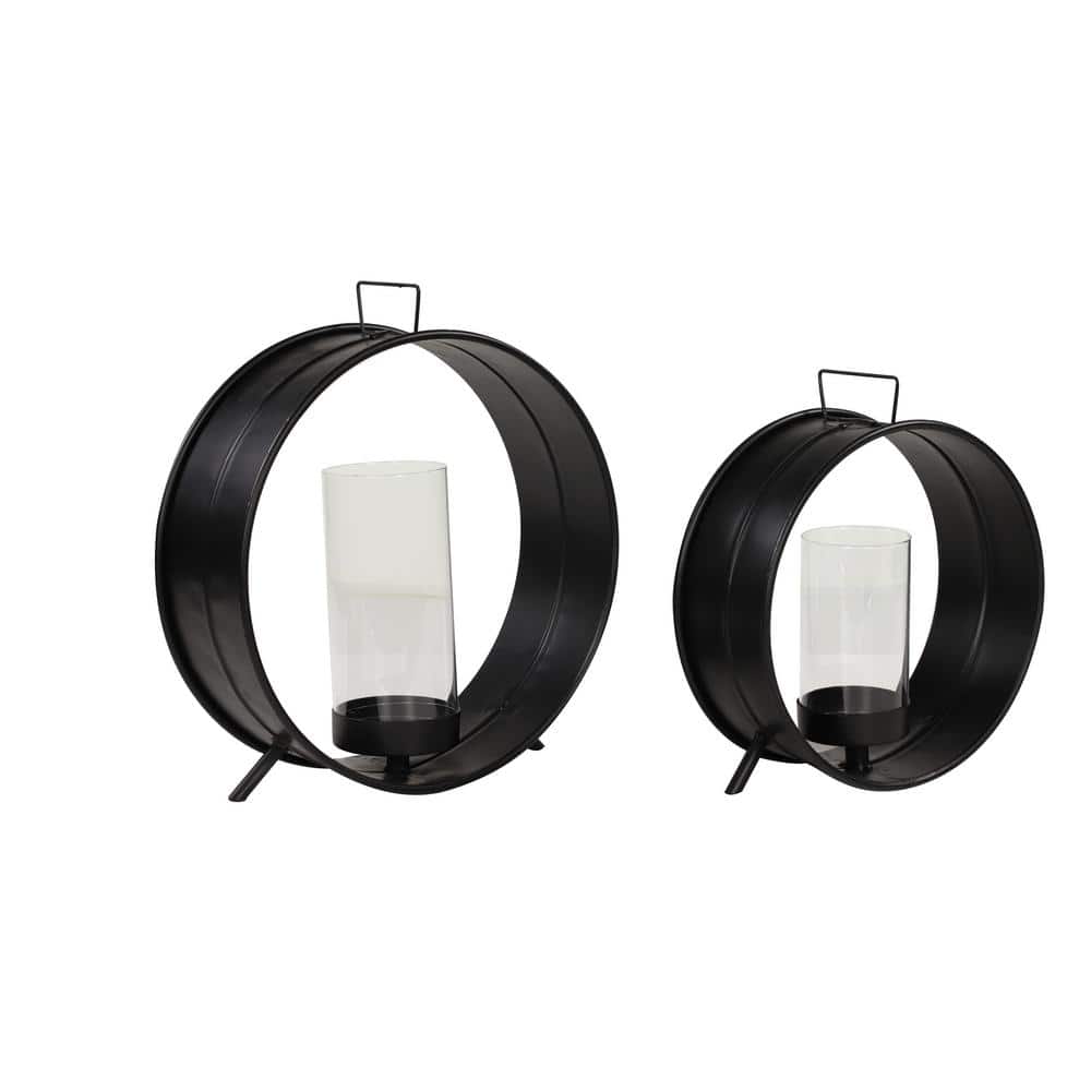 Industrial Black Iron Circular Candle Holders with Glass, Set of 2