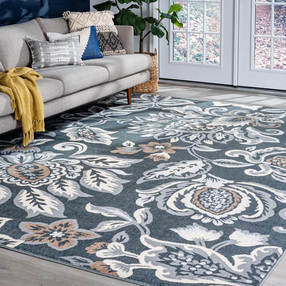 Dark Gray Floral Synthetic 8' x 10' Rectangular Area Rug