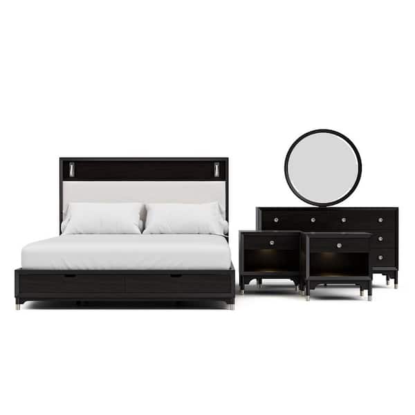 Forma 5-Piece Mid Century Black Wood King Storage Platform Bedroom Set with Reading Lights