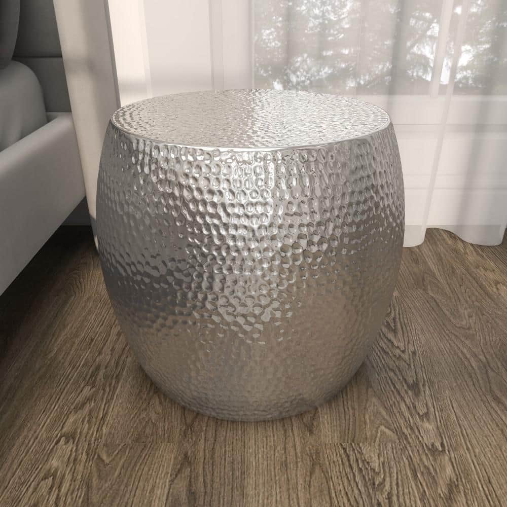 Elegant Round Hammered Silver Metal Accent Table