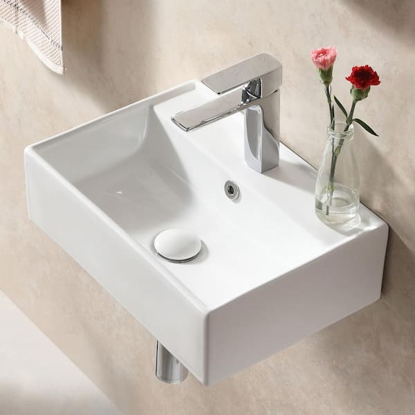 HOROW Rectangular Wall-Mount Install or On Countertop Bathroom Sink 17.72 in. with Single Faucet Hole in White