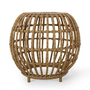 Light Brown Round Faux Rattan Outdoor Patio Side Table for Garden, Backyard, Balcony and Poolside