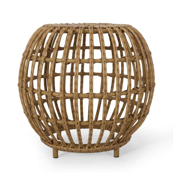 Zeus & Ruta Light Brown Round Faux Rattan Outdoor Patio Side Table for Garden, Backyard, Balcony and Poolside