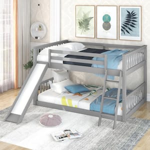 Gray Full Over Full Bunk Bed with Convertible Slide and Ladder, Wooden Low Bunk Bed Frame for Kids, Toddlers, Teens