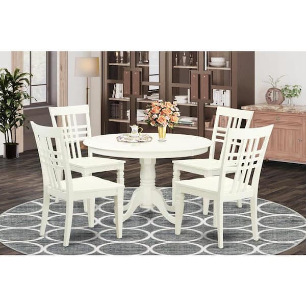 East West Furniture 5-Piece Round Linen White Finish Solid Wood Top Dining table with 4 Chairs with Lattice Back