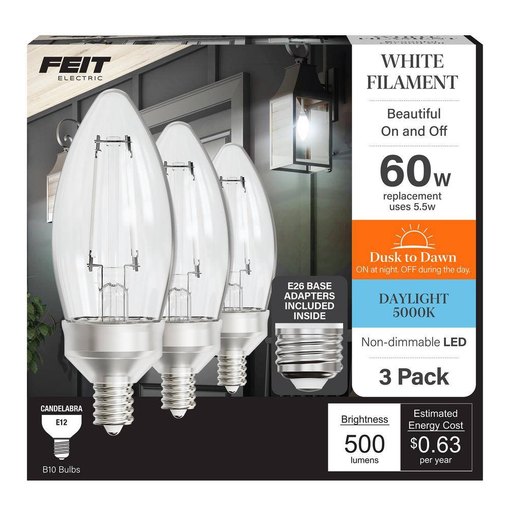 60-Watt Equivalent B10 E12 Dusk to Dawn White Filament Clear Chandelier Candle LED Light Bulb, Daylight 5000K (18-Pack)