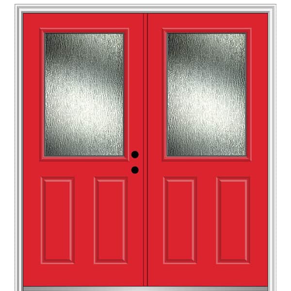 MMI DOOR Rain Glass 72 in. x 80 in. Left-Hand Inswing 1/2 Lite 2-Panel Painted Red Saffron Prehung Front Door on 4-9/16 in. Frame