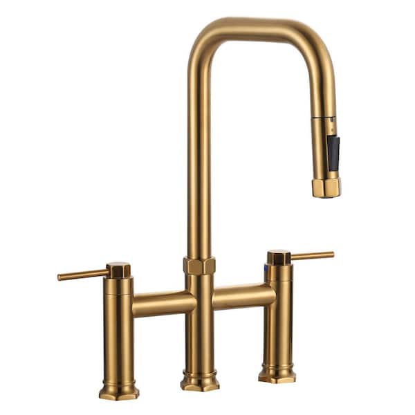 3 Holes Double Handle Bridge Kitchen Faucet with Pull Down Sprayer in Brushed Gold