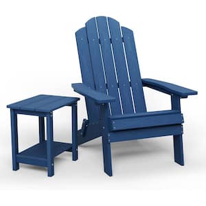 Navy Plastic Outdoor Folding Adirondack Chair with Double Layer Square Side Table