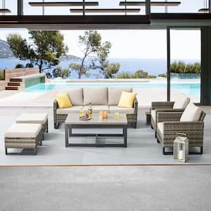 6-Piece All Weater Wicker Outdoor Patio Conversation Sectional Sofa Set with Tea Table, Beige Cushions and Ottomans Set