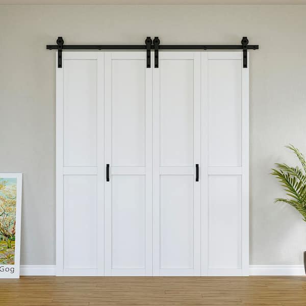 72 in. x 84 in. Solid Core White Primed MDF Wood Paneled H Design Bi-Fold Door Style Barn Door with Hardware