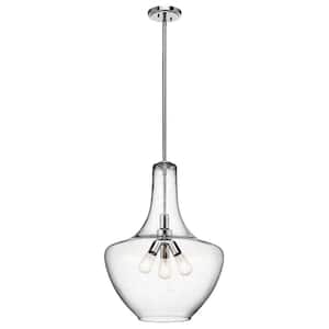 Everly 27.5 in. 3-Light Chrome Transitional Shaded Kitchen Bell Pendant Hanging Light with Clear Seeded Glass