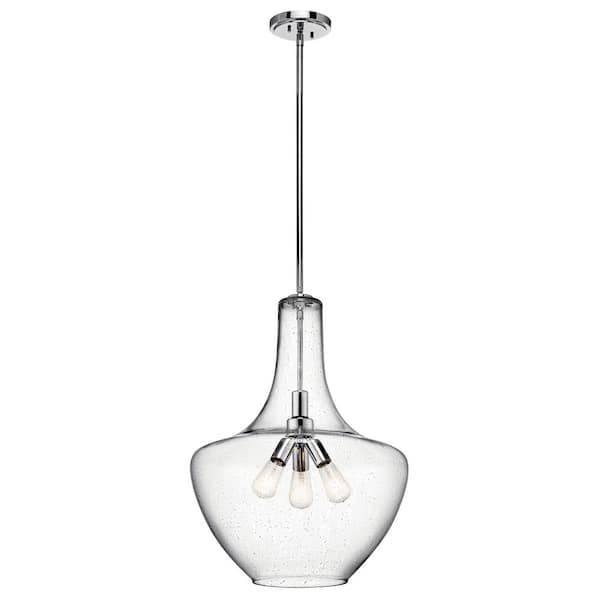 KICHLER Everly 27.5 in. 3-Light Chrome Transitional Shaded Kitchen Bell Pendant Hanging Light with Clear Seeded Glass