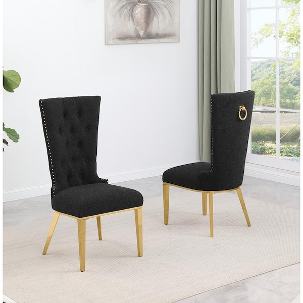 Shirley Black Boucle Fabric Side Chair Set of 2 with Gold Stainless Steel Legs