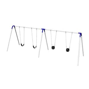 Double Bay Commercial Bipod Swing Set with 2 Tot Seats, 2 Strap Seats and Blue Yokes